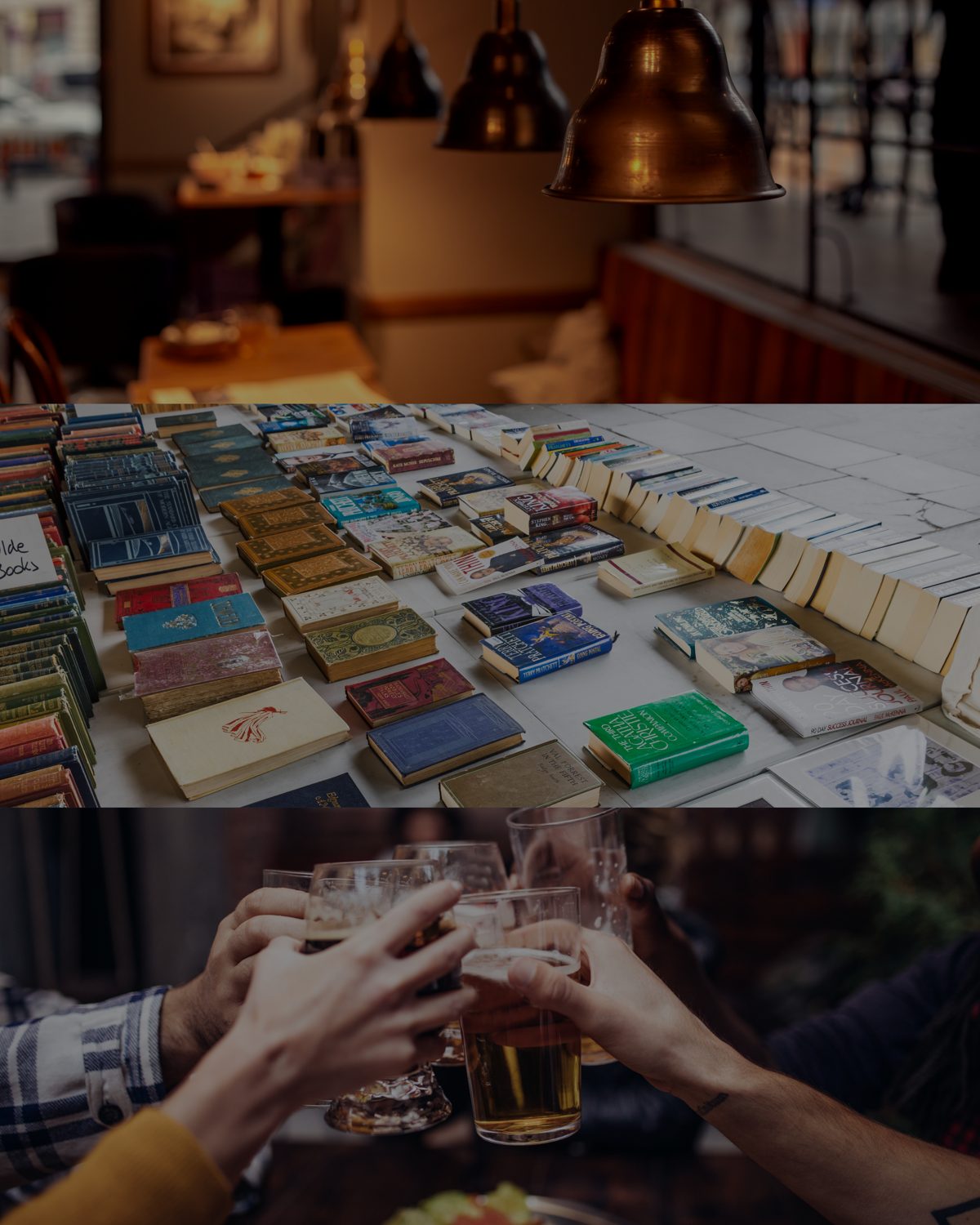 A cosy bar, a table full of books and friends raising a glass