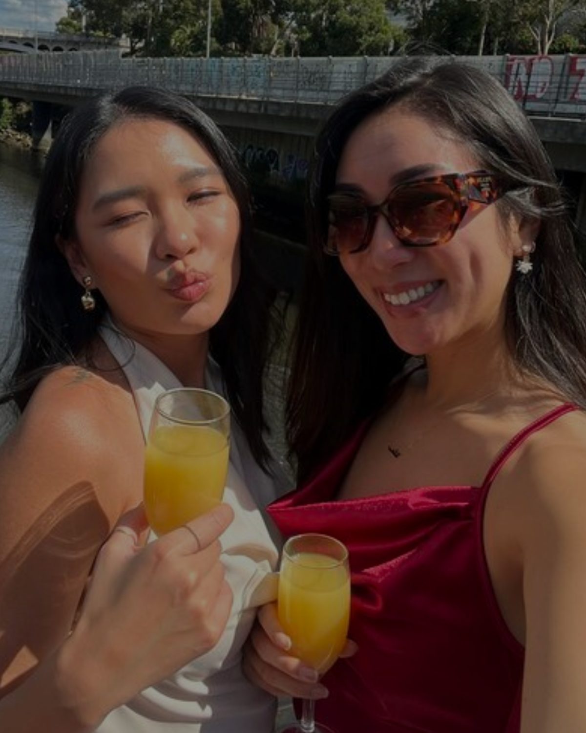 Two friends toasting with orange juice by the water